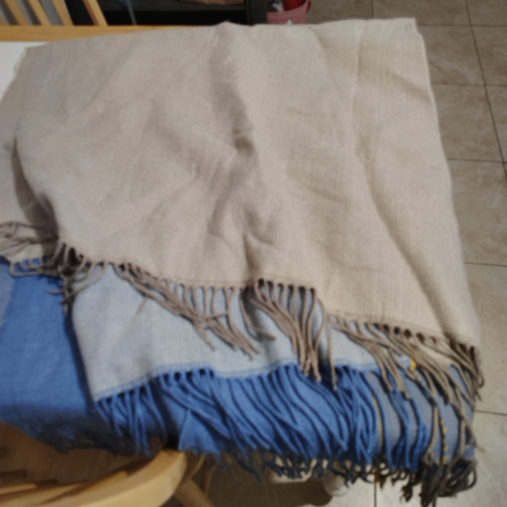 Beige and Blue Fringed Throw Blanket